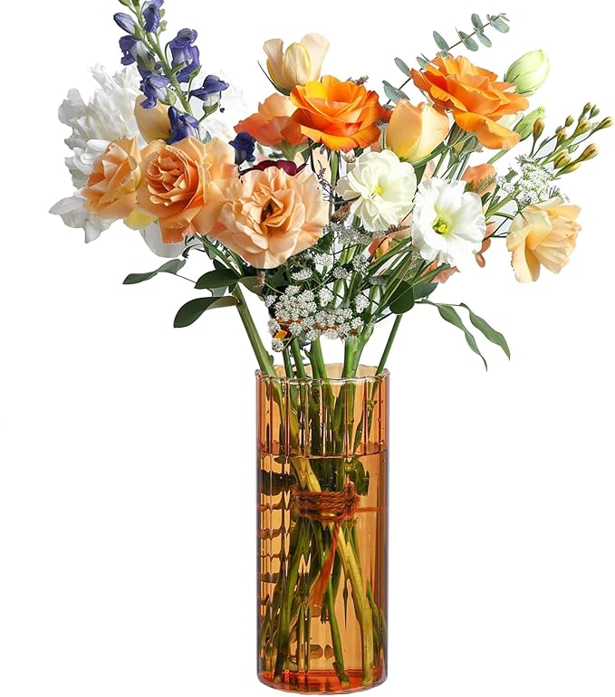 Bestntc Green Ribbed Glass Cylinder Vase for Home Decor