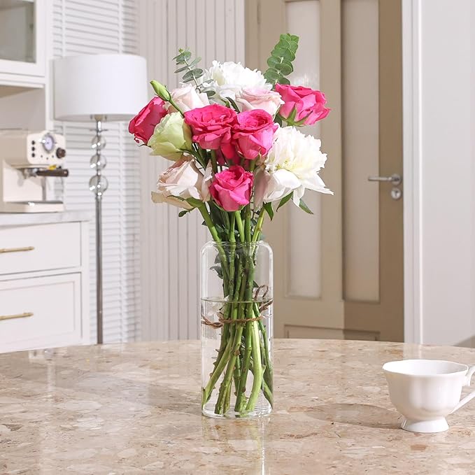 Bestntc Clear Glass Flower Vase 8 Inch Decorative Home Centerpiece