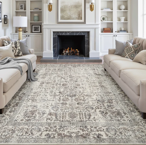 Sylva Vintage Persian Floral Taupe Distressed Washable Rug