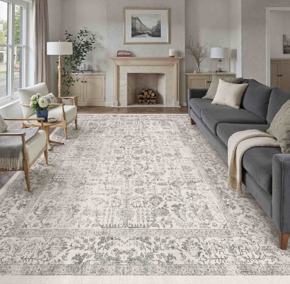 Sylva Vintage Persian Floral Gray Distressed Washable Rug