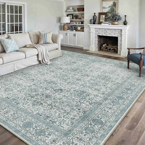 Selma Persian Vintage Blue Short Pile Distressed Washable Rug