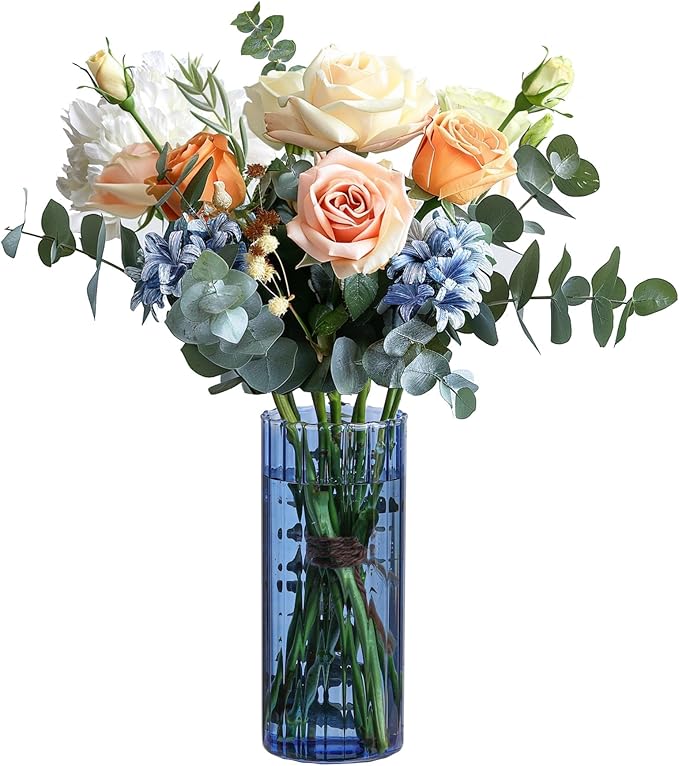 Bestntc Green Ribbed Glass Cylinder Vase for Home Decor