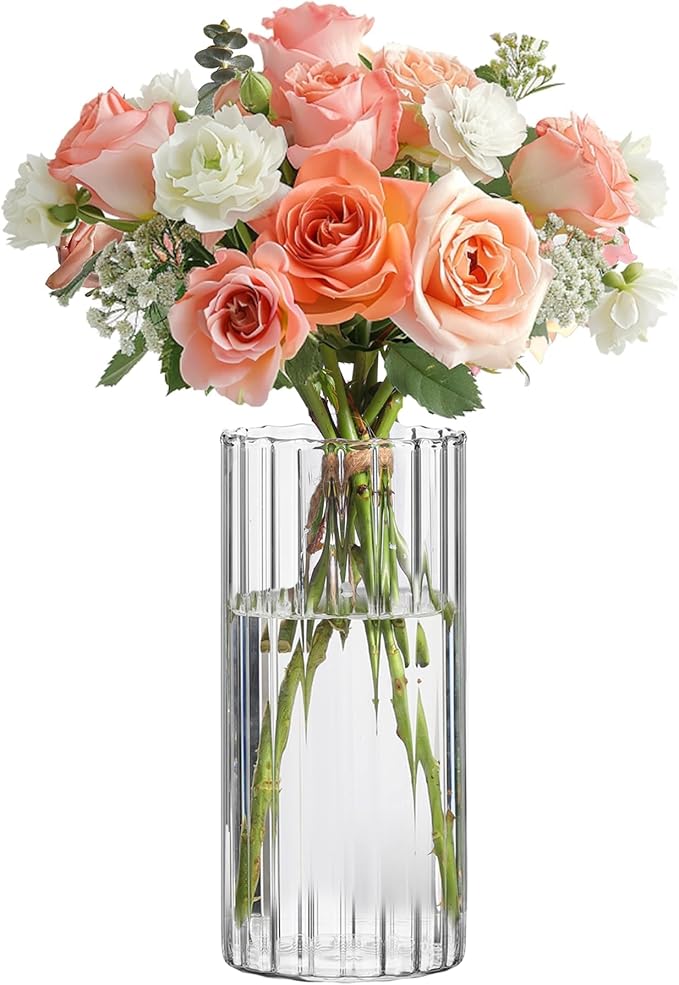 Bestntc Green Ribbed Glass Cylinder Vase for Home Decor
