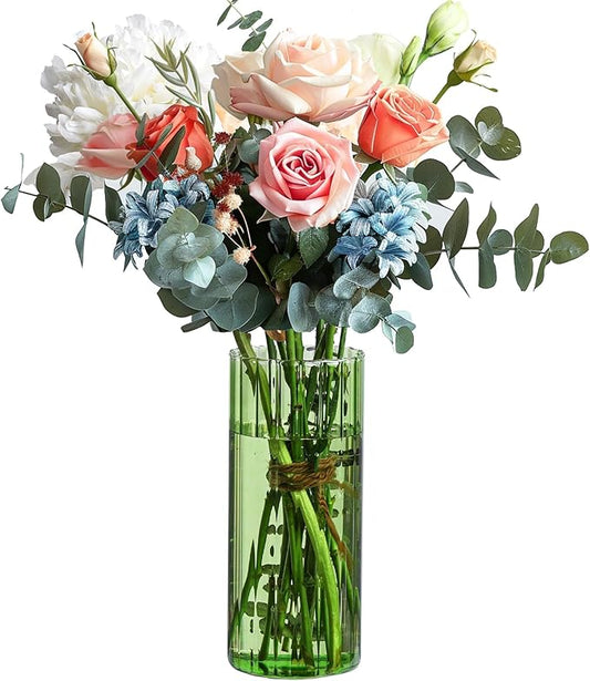Bestntc Green Ribbed Glass Cylinder Vase for Home Decor