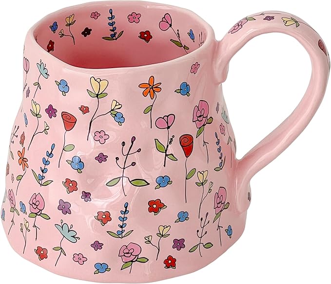 Bestntc Large Pink Floral Ceramic Coffee Mug 20oz Cute Gift