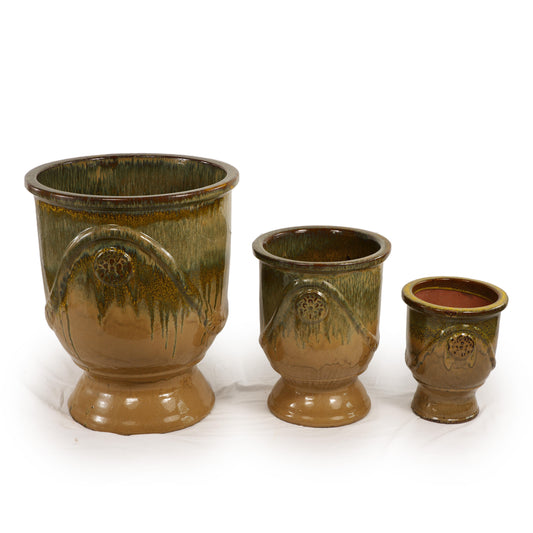 Bestntc shop Glossy Brown Glazed Ceramic Embossed Plant Pot