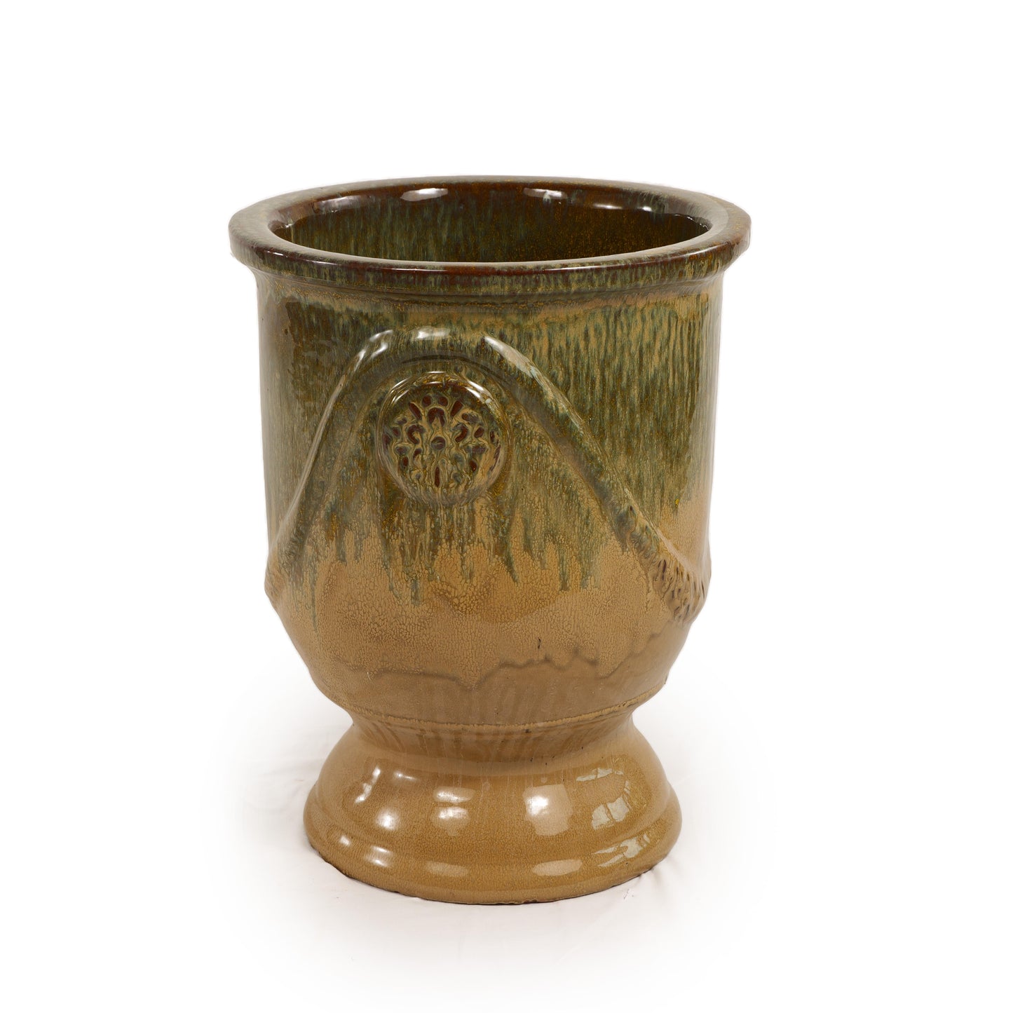 Bestntc shop Glossy Brown Glazed Ceramic Embossed Plant Pot