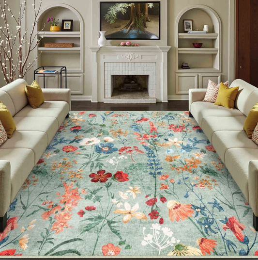 April Modern Floral Green Washable Area Rug
