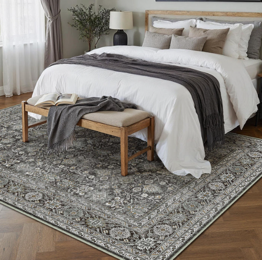 Selma Persian Vintage Black Short Pile Distressed Washable Rug