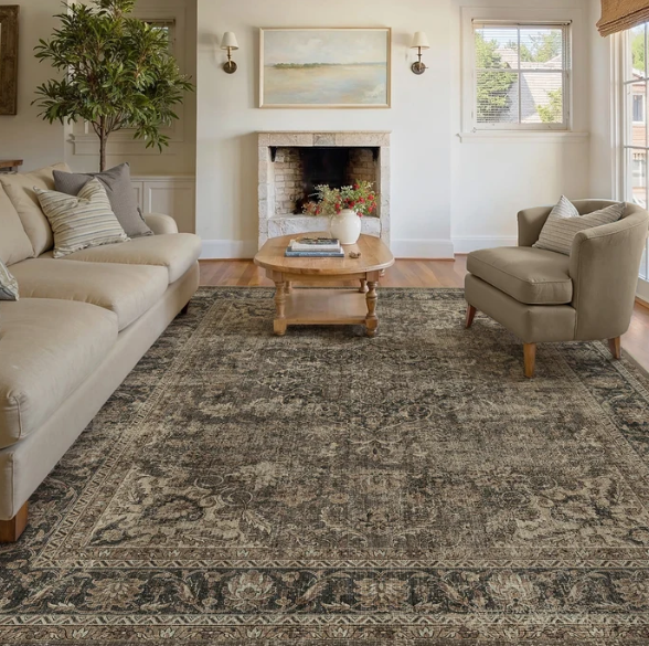 Aria Vintage Floral Brown Traditional Machine Washable Area Rug
