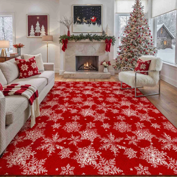 Winter Snow Christmas Red Washable Rug
