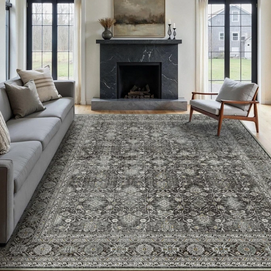 Selma Persian Vintage Black Short Pile Distressed Washable Rug