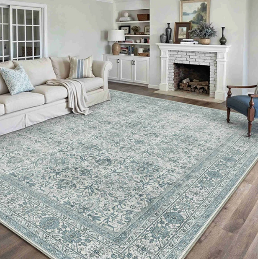 Selma Persian Vintage Blue Short Pile Distressed Washable Rug