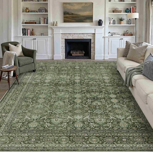 Selma Persian Vintage Green Short Pile Distressed Washable Rug